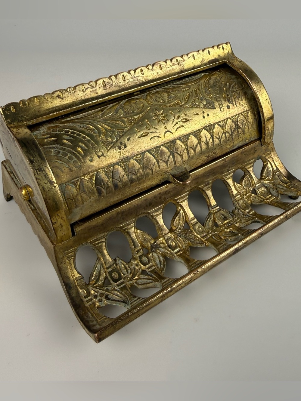 Antique Ornate Eastlake Roll top Brass Double Inkwell -